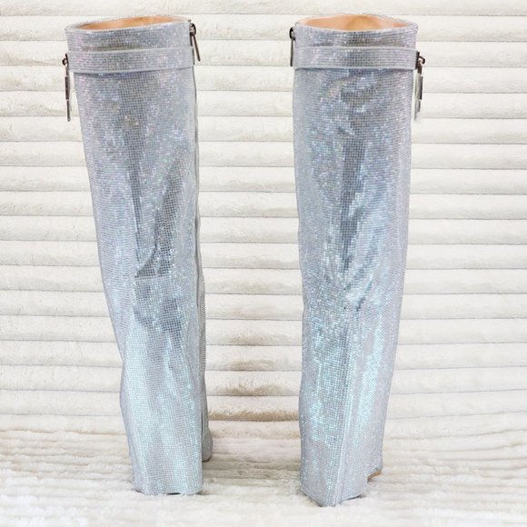 Super Sparkle Sharky Silver Rhinestone Skirted Fold Over Wedge Heel Knee Boots - Picture 11 of 12